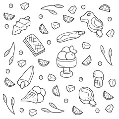 Doodle set with different types of ice cream. Black and white clip art illustration.