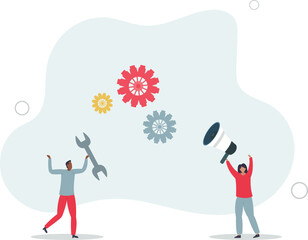 Automation of work.people work with gears of machine.flat illustration