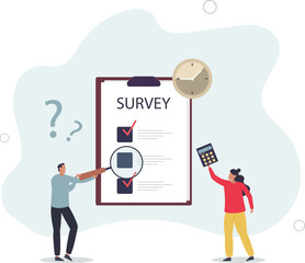 people look through magnifying glass at survey results, sociologists research society.flat illustration.