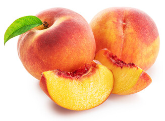 Ripe red peaches with juicy peach slices and green leaf isolated on white background. Clipping path.