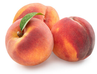 Ripe red peaches with green leaf isolated on white background. File contains clipping path.