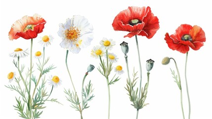 Obraz premium Chamomiles, poppies with field greens. Flowers, watercolor illustration on white background.