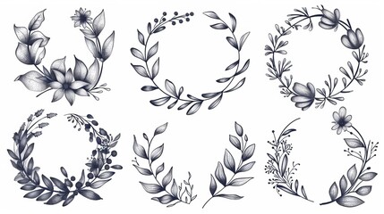 Fototapeta premium Set of hand drawn ornamental branch wreaths with laurel leaves and decorative branch bundle. Different herbs, twigs, flowers, and plants as curl elements. Modern floral design.