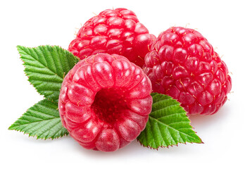 Three raspberries  with raspberry leaves isolated on white background.