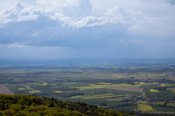 Rural landscape from mountaintop on cloudy day