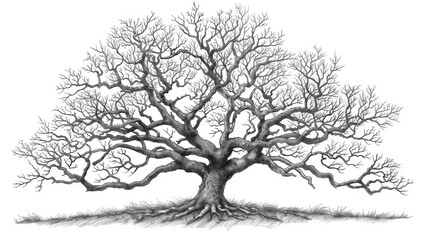 Hand drawn vintage illustration of large growing oak tree without leaves.