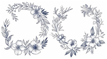 Fototapeta premium Flowers, branches, leaves in a vintage floral wreath, frame, corner. Creative greenery elements in line art style. Modern label, corporate identity, wedding invitation, card.