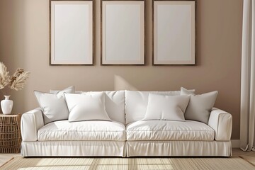 A white couch with three empty frames on the wall behind it