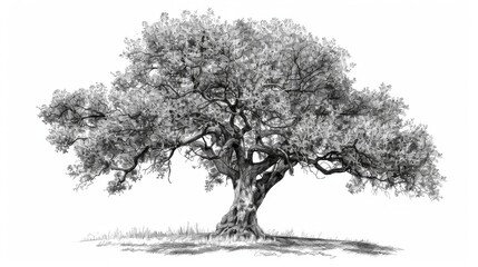 A hand drawn pencil sketch of a tree. Oak tree with leaves isolated vintage illustration. Vintage style nature illustration with details. Olive tree trunk. Ink sketch. Dry Crooked Tree. Freehand