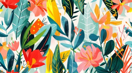 Hand drawn abstract flower art seamless pattern illustration. Acrylic paint nature floral background in vintage art style. Spring season painting print.