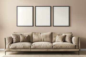 A white couch with three black frames on the wall