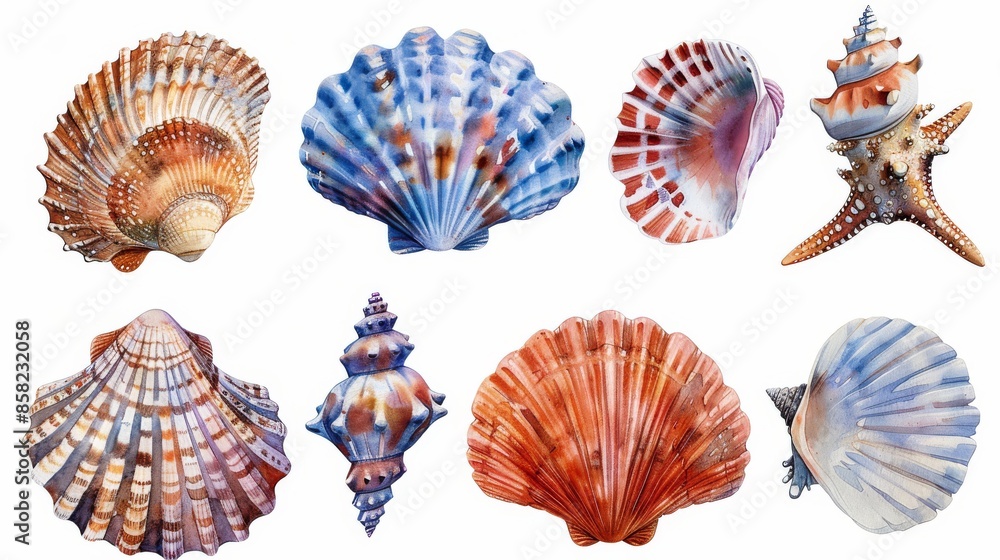 Poster isolated transparent background with watercolor set of different seashells. png format.