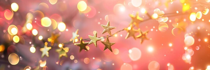 Fototapeta premium A close up of a string of gold stars with a pink background