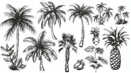 A black and white doodle element set with palm trees illustrating a tropical plant painting. A collection of isolated tropical vacation clipart in vintage art style.
