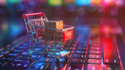 Abstract mini shopping cart with colorful boxes on computer keyboard, in the style of an online store concept background