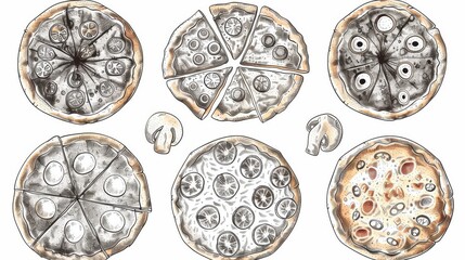 Set of pizzas. Italian cuisine. Ink hand drawn modern illustration. Top view. Menu element.
