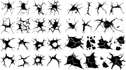 Set of vector illustrations of cracks. holes on stone grunge or wall surface, collapse, broken crack, damage, crevice, crack grunge texture collection isolated on white.