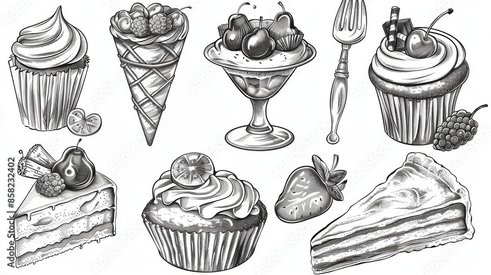 Canvas Prints An illustration of cake with cream, a dessert sketch, a pastry sweet, and an apple strudel in vintage engraving style.