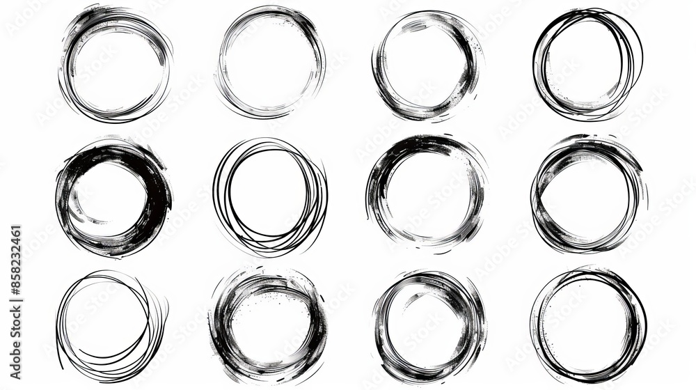 Poster circle line sketch set with doodles. modern abstract ellipses for design use.