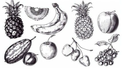 Hand drawn banana pineapple, raspberry grapes, strawberry melon, peach mango. Illustration of melon and banana, cherry and lemon.