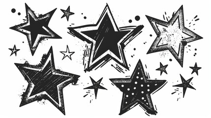 A set of black hand drawn modern stars on white background. The stars can be used as patterns or elements by themselves. The stars are drawn with brush markers.
