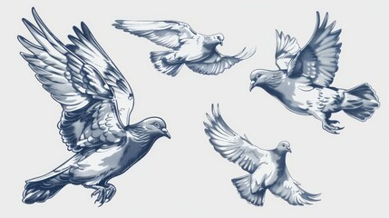 Obraz premium A vintage style modern illustration featuring beautiful flying pigeons, hand drawn graphic design and digital sketches of birds and animals. This can be used for posters, prints, postcards, t-shirts,
