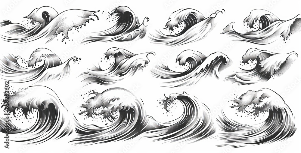 Poster sketch of sea waves on white background with tidal storms in the background.