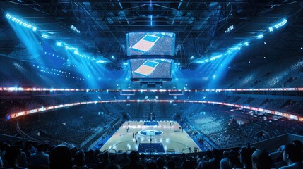 A futuristic sports arena with augmented reality displays enhancing the viewing experience for spectators AI generated