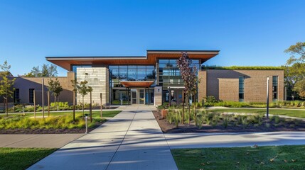 Modern Spanish building featuring a green roof