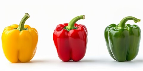 one red, one yellow, one green bell pepper on white isolated background cutout