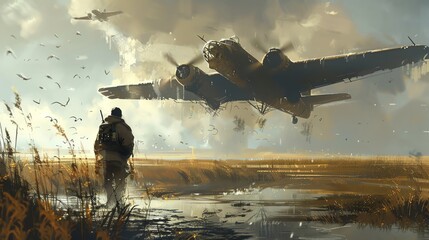 Concept art of an old war plane flying over wetlands, there is one man walking on the ground with his back to us in the distance, brush strokes, in the style of concept art.