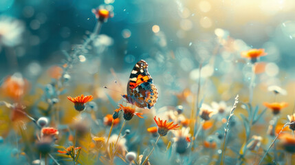 Butterfly landing on a vibrant wildflower in a grass field