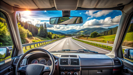 Obraz premium View from inside the cabin of driving on a highway