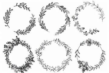 Obraz premium Collection of different herbs, twigs, flowers and plants curl elements. Modern floral design. Laurel leaves wreath and decorative branch bundle.