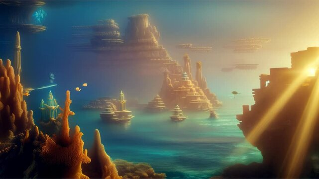 Atlantis underwater city illustrated digitally with sunlight rays in crystal clear water.