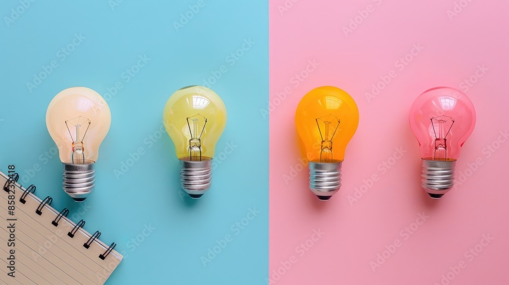 Poster collaborative thinking with lightbulbs and notebook on soft colored backdrop corporate problem solvi