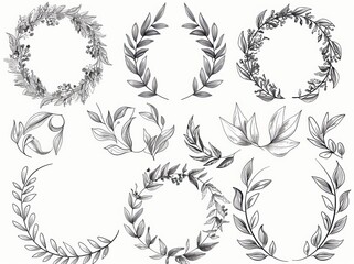Fototapeta premium Set of Laurel leaf wreaths, olive branches and round floral ornament frame moderns. Bundle of victory or triumph symbols.