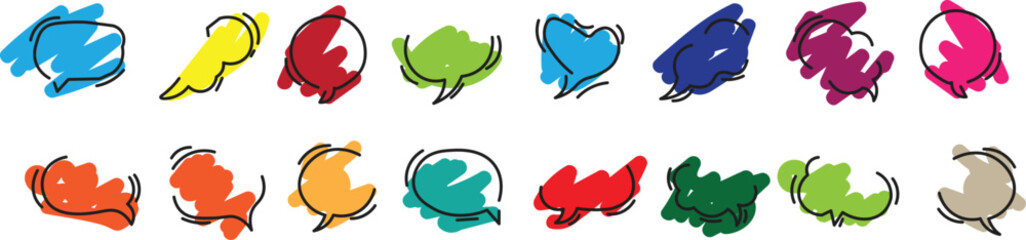 Hand drawn sketch speech bubbles set. Irregular shapes, grunge brush strokes. Line vector illustration isolated on transparent background