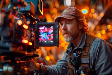 Fototapeta premium A Filmmaker Adjusting Camera Settings During Production