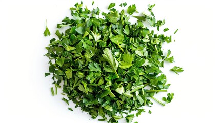 Obraz premium Chopped parsley leaves on a white background