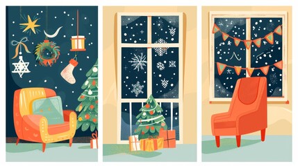 Modern illustration posters in hand-drawn cartoon flat style with a christmas tree, house outside interior and a cozy chair. It's a set of christmas new year winter holiday greeting cards.