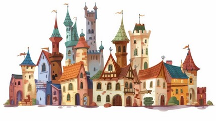Fototapeta premium Hand drawn illustration of medieval background with vintage brick houses and fortress towers.