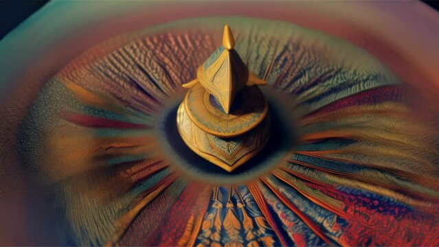 Mystical shaman figure depicted in vibrant batik fabric with intricate patterns and symbolism