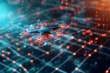 A futuristic drone flying over a digital grid.


