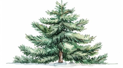 Fototapeta premium A vintage green classic Christmas tree isolated on a white background, hand drawn with watercolors.