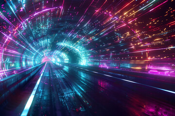 A futuristic highway with glowing, colorful streaks.



