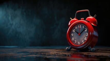 Analog alarm clock showing 5 o clock set for 6 o clock alarm on dark background