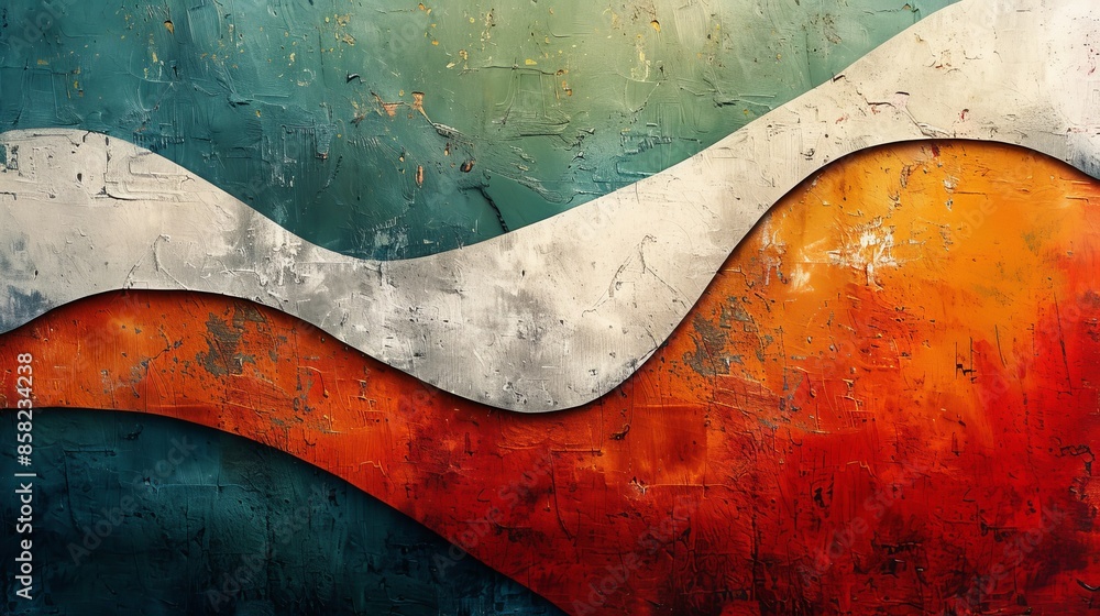 Aufkleber an abstract art piece showcasing curved lines with a color palette of blue, red, and white, creating