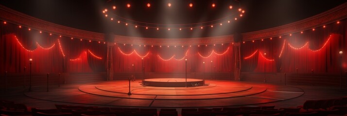 3d circus stage with red curtain, vintage spotlight, and ringmaster sign in carnival arena