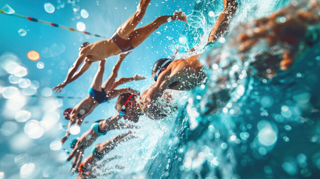 Competitive swimmers diving into a pool at a race start